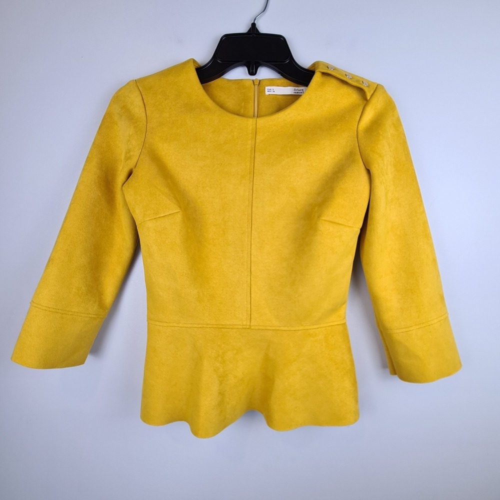 Sfera Casual Women's Mustard Yellow Faux Suede Peplum Top 3/4 Sleeve Small‎ Zip